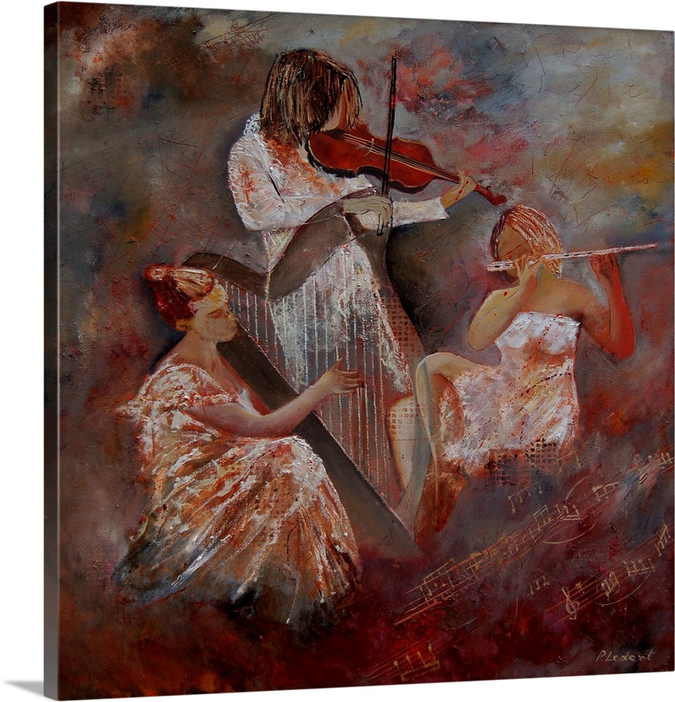 A vertical painting of three musicians playing the harp, violin and flute.