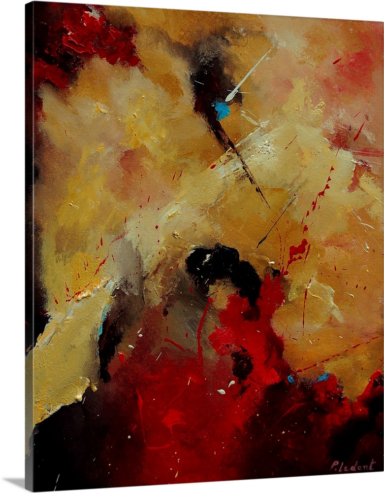 A vertical abstract painting with deep colors of red, orange and yellow.