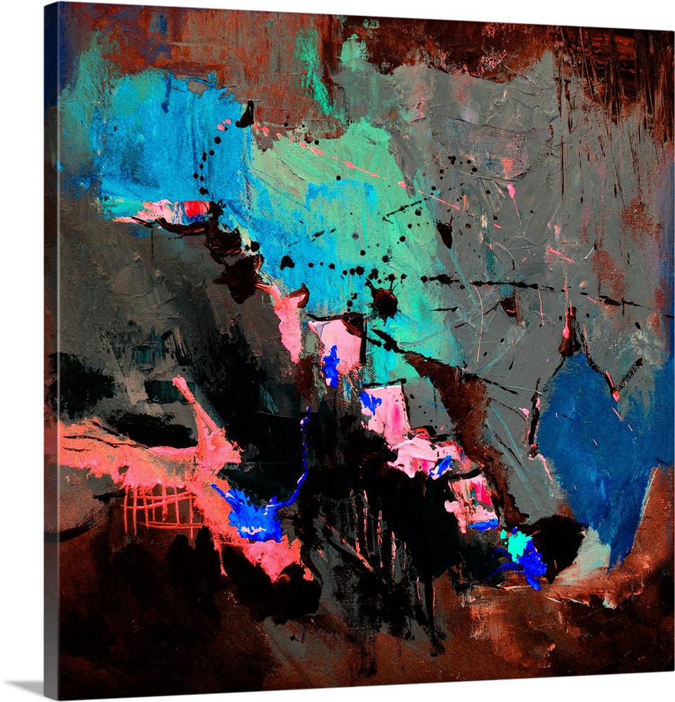 A square abstract painting in textured shades of pink, blue, brown and green with splatters of paint overlapping.