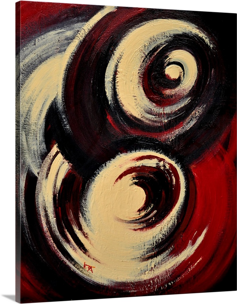 A vertical abstract painting of two large swirls of color in beige, black and red.