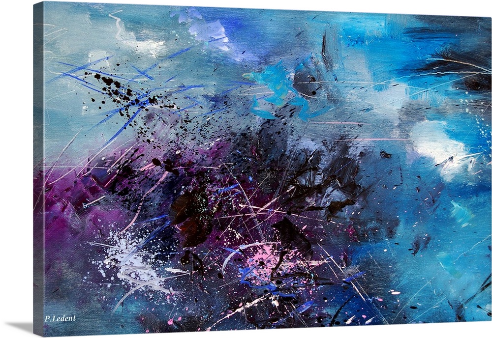 Abstract painting in dark shades of black, blue, white and purple with splatters of paint overlapping.