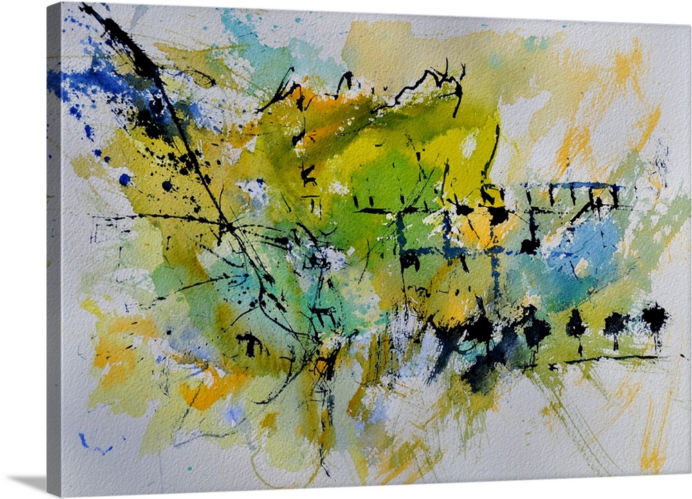 A horizontal abstract painting in shades of green, blue and yellow with splatters of paint overlapping.