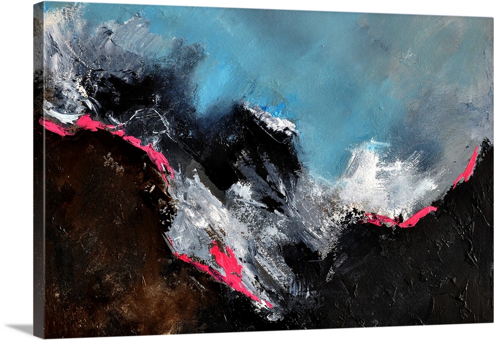 Abstract painting in texured shades of black, blue, pink and white with splatters of paint overlapping.