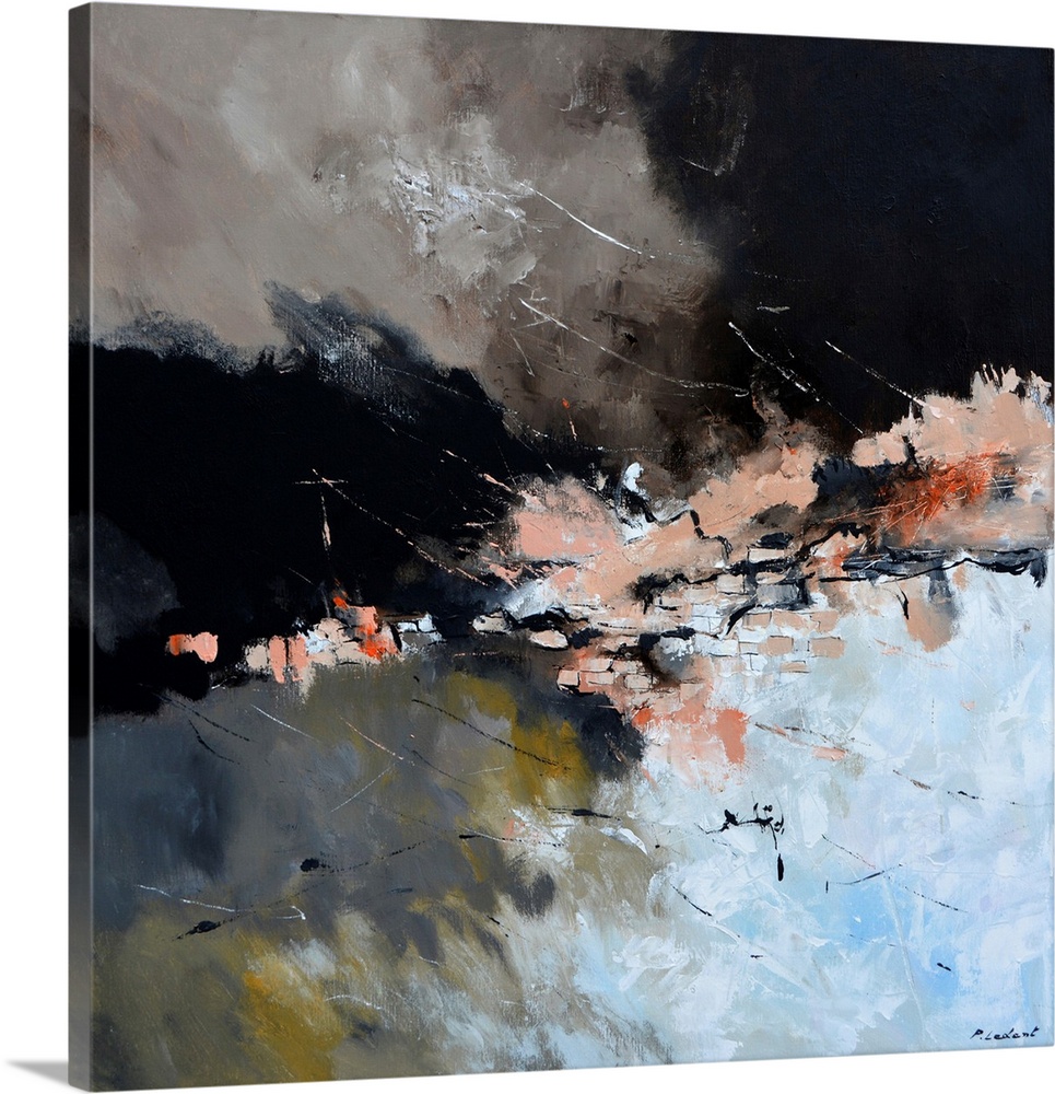 Contemporary abstract painting in black, brown, and powder blue.