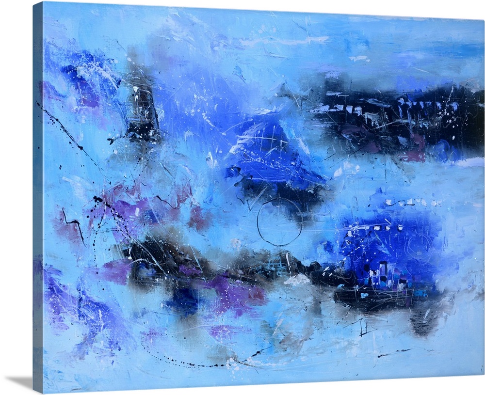 Abstract painting in textured shades of black, blue and purple with splatters of paint overlapping.