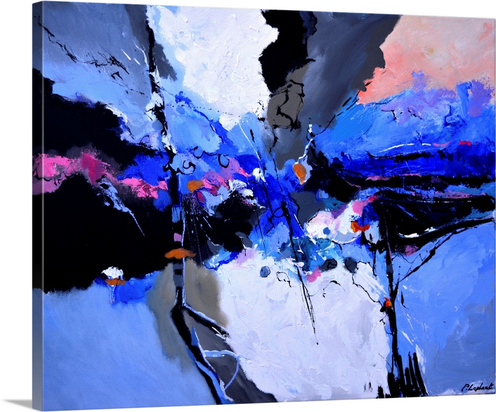 Contemporary abstract painting in bright blue, gray, and pink.