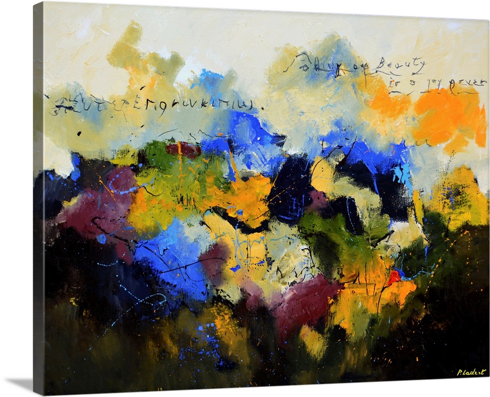 Contemporary abstract painting in a variety of bright and dark hues.