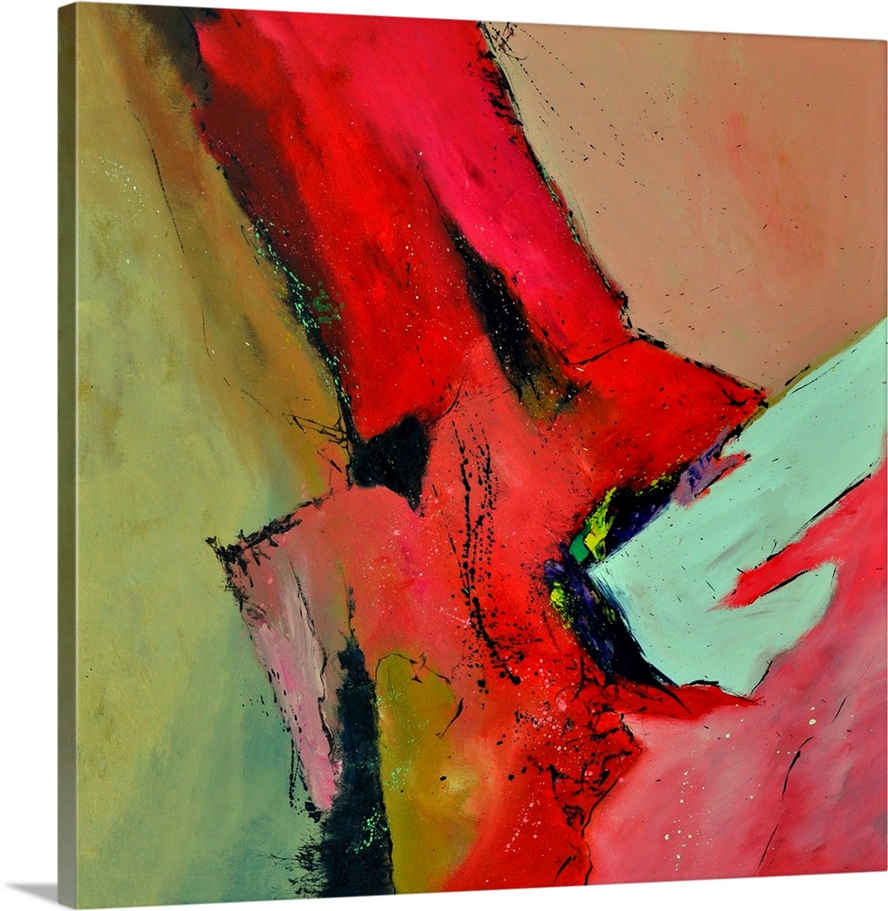 Abstract painting with vibrant hues in shades of red, yellow, blue and white mixed in with black contrasting designs.