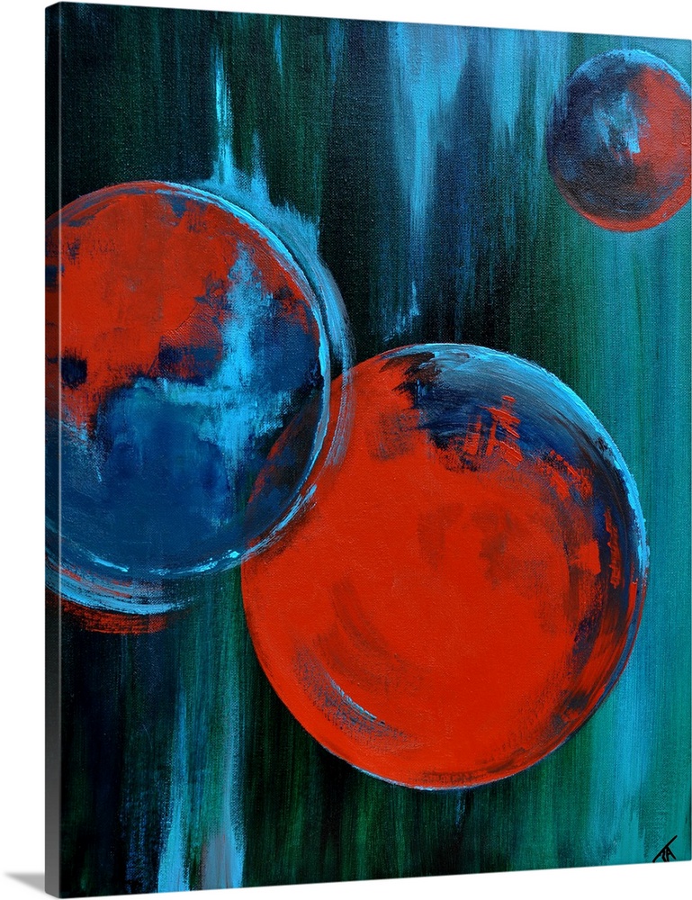 Abstract painting of circles and bold strokes of paint in colors of blue, black and red.