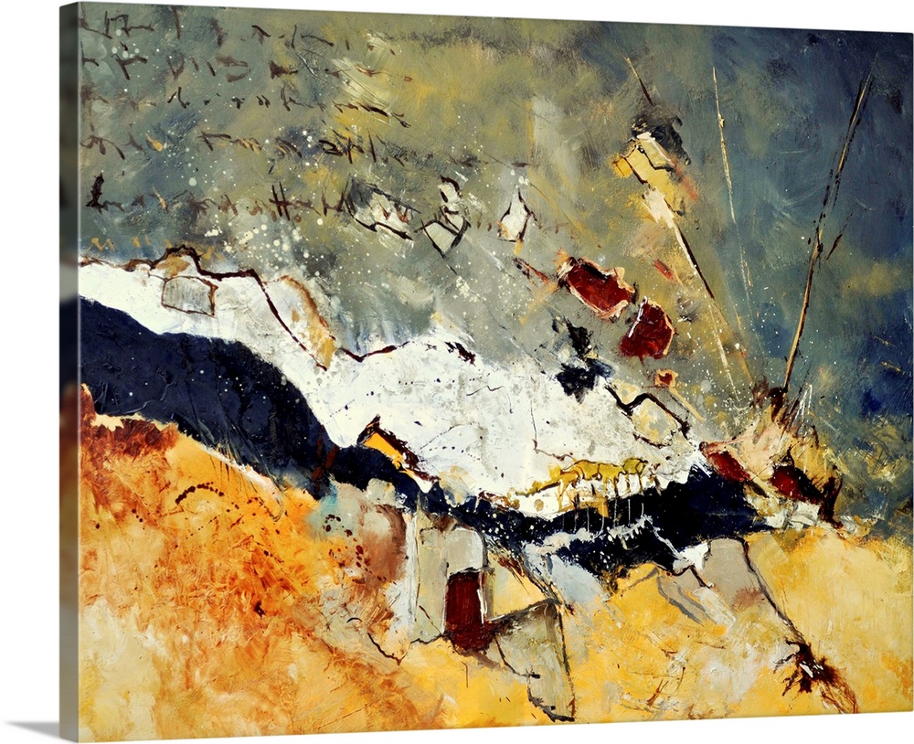 A horizontal abstract painting in dark shades of black, orange, white and yellow with splatters of paint overlapping.