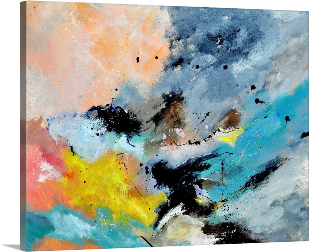 A horizontal abstract painting with muted textured colors of yellow, orange and blue.
