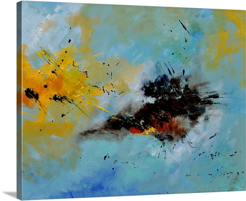 A horizontal abstract painting of blue green and yellow with brush strokes of black in the center.