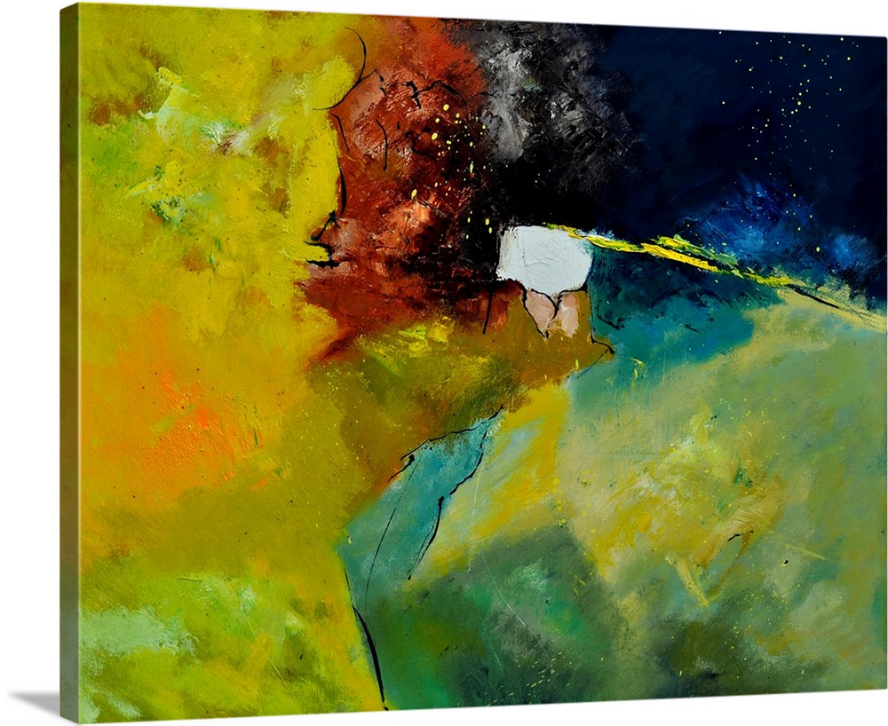 A horizontal abstract painting with deep textured colors of yellow and green.