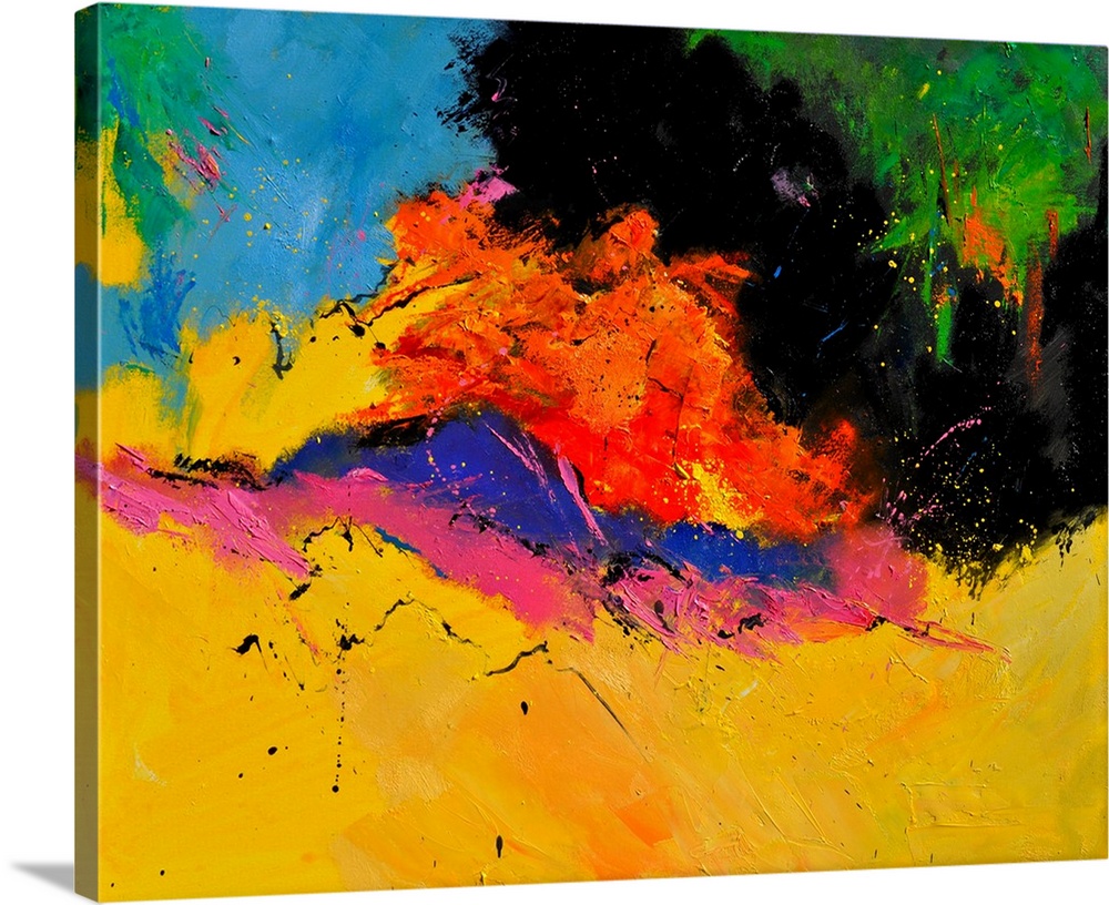 A horizontal abstract painting in vibrant colors of yellow, orange, pink and green with splatters of paint overlapping.