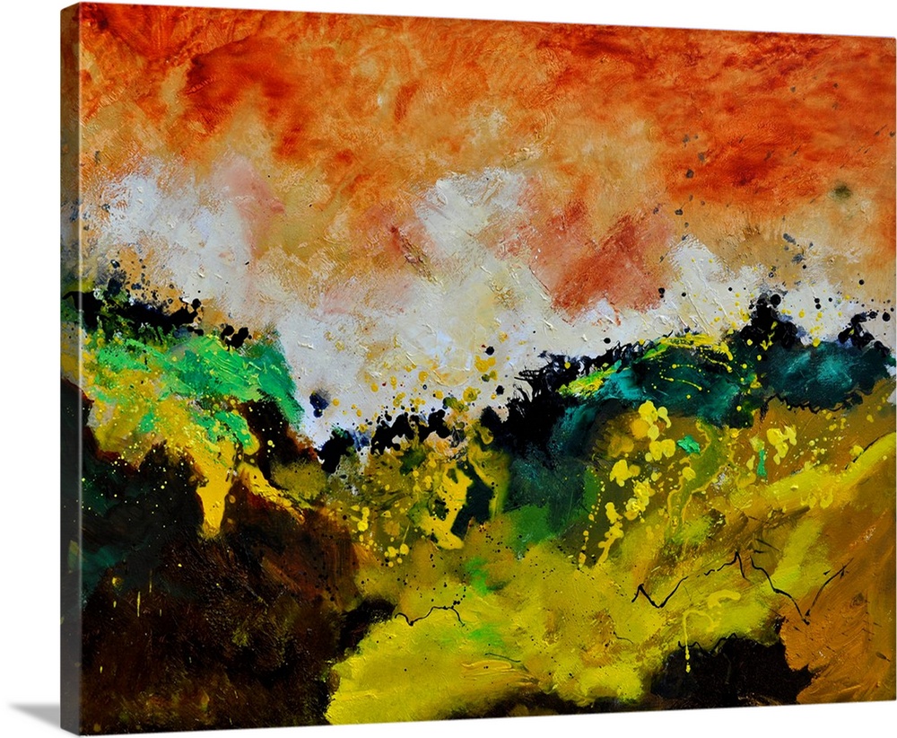 Abstract painting with vibrant hues in shades of orange, yellow, green and white mixed in with black contrasting designs.