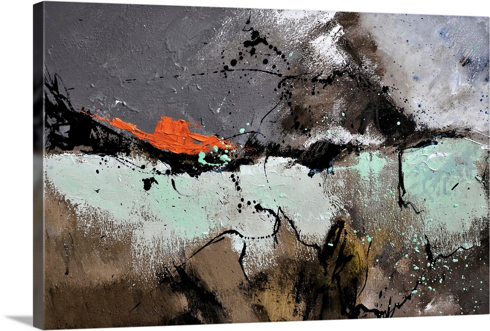 Abstract painting in textured shades of black, teal, brown, orange and white with splatters of paint overlapping.