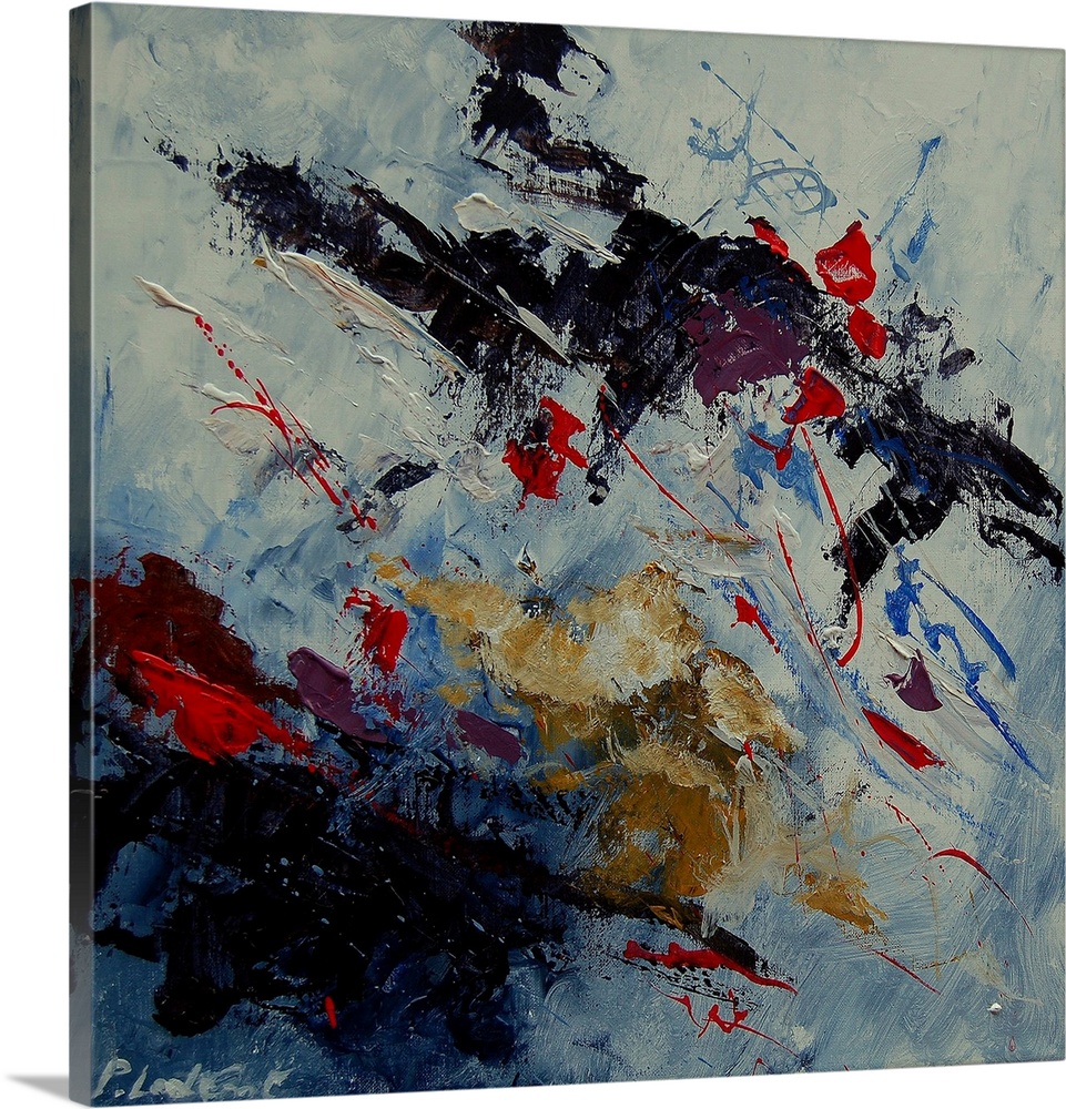 A square abstract painting of colors of black, white and blue and hints of red in textured brush strokes and splattered pa...