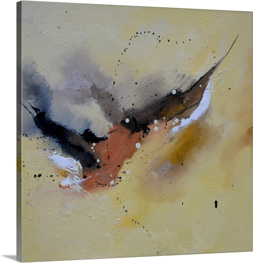 A square abstract painting in muted shades of black, brown, white and gray with splatters of paint overlapping.