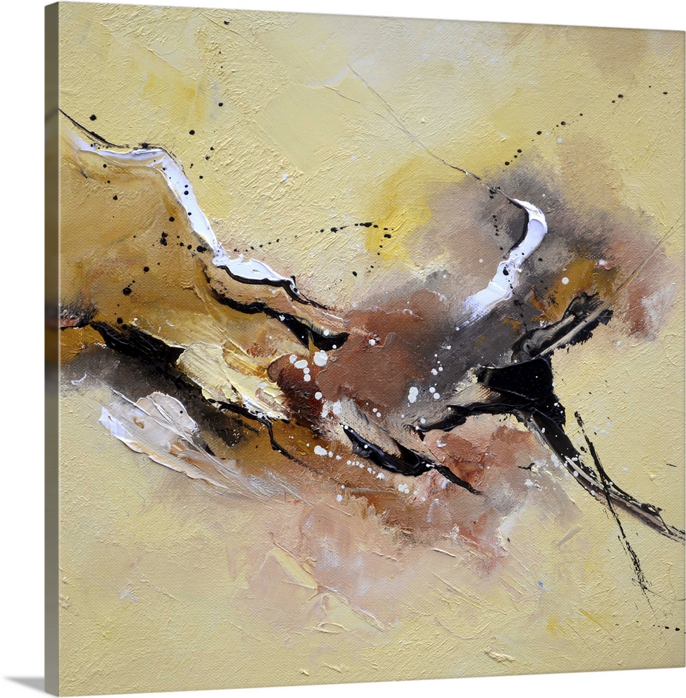 Square abstract painting in textured shades of black, brown and yellow with splatters of paint overlapping.