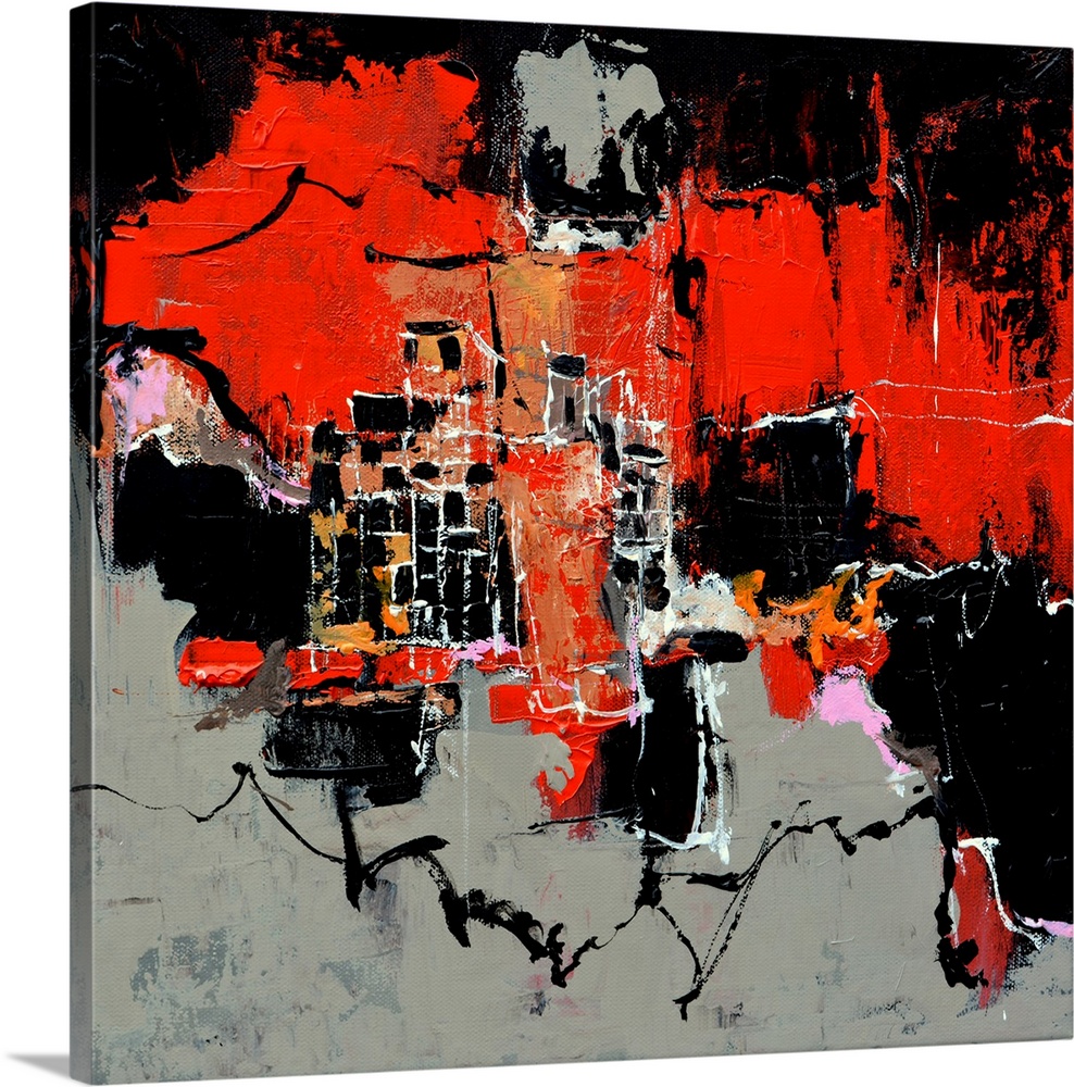 A square abstract painting in shades of black, red, pink and orange with splatters of paint overlapping.