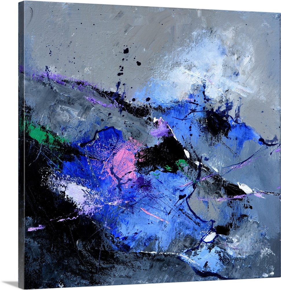 A square abstract painting in textured shades of pink, blue, green and gray with splatters of paint overlapping.