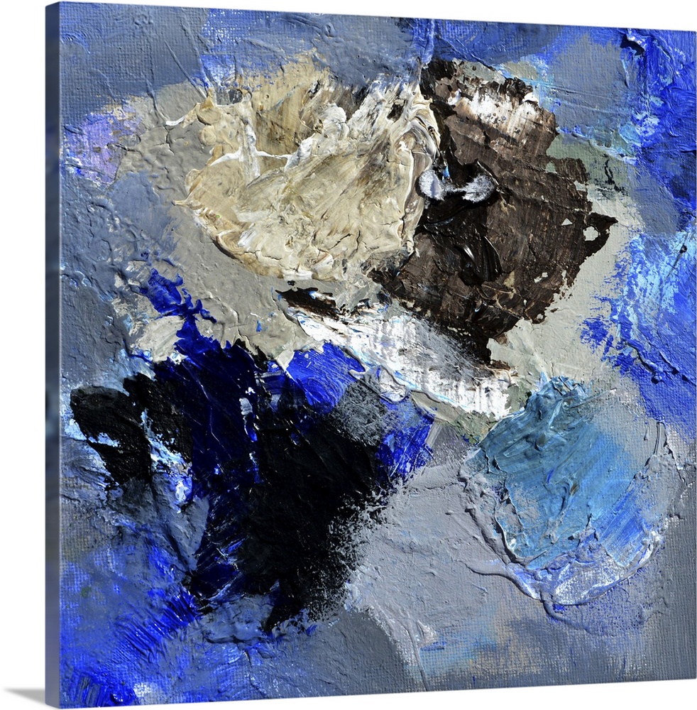 A square abstract painting in textured shades of blue, brown and gray with splatters of paint overlapping.