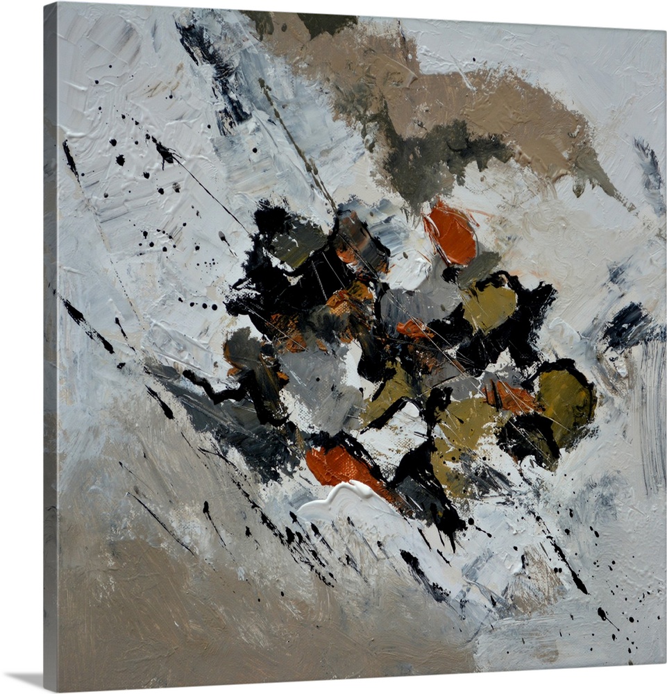 A square abstract painting with shades of gray with brown accents.