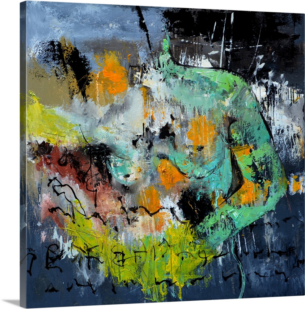 A square abstract painting in dark shades of green, gray, orange and yellow with splatters of paint overlapping.