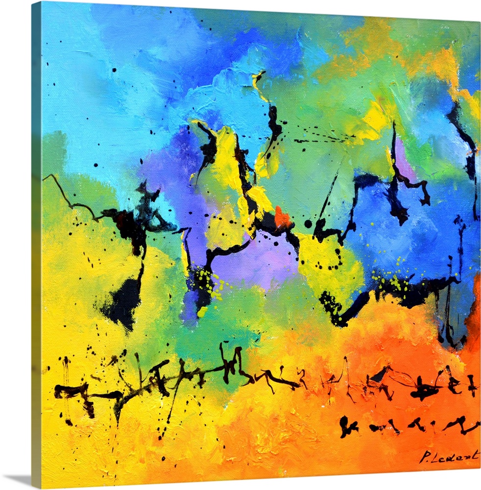 A square abstract painting in vibrant shades of blue, green, orange and yellow with splatters of paint overlapping.