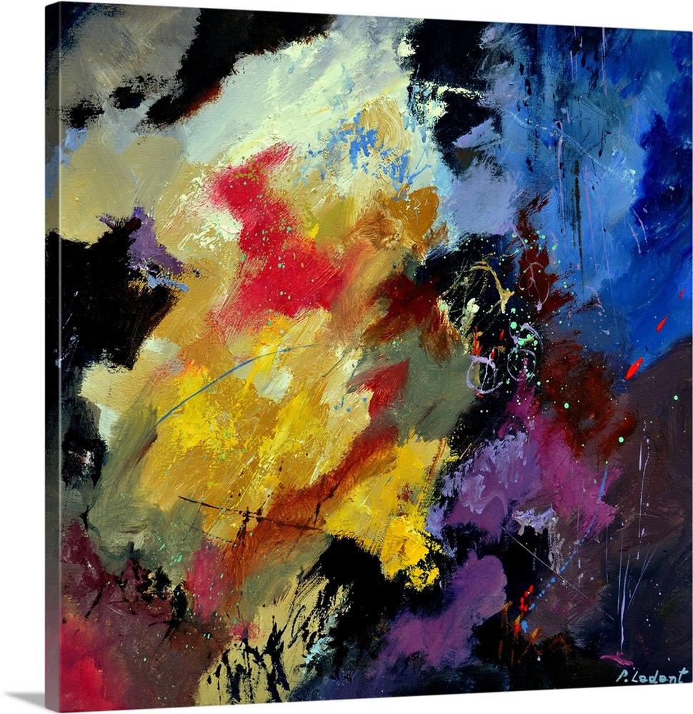 Abstract painting with vibrant hues in shades of orange, yellow, blue, purple, and white mixed in with black contrasting d...