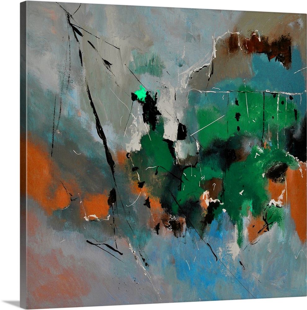 A square abstract painting in dark shades of green, blue and brown with splatters of paint overlapping.