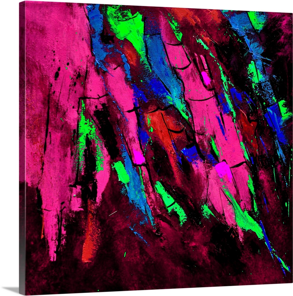 Abstract painting in shades of pink, blue and green mixed in with black contrasting designs.