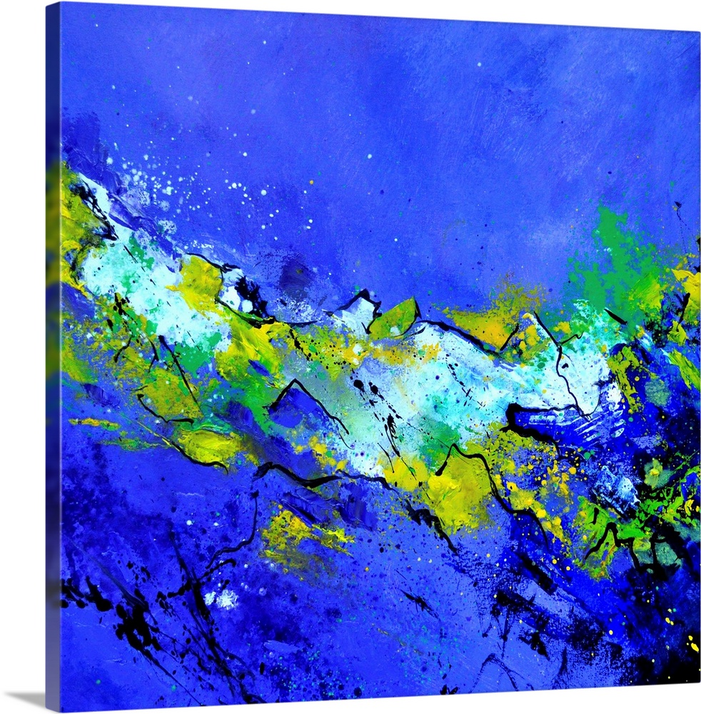 A square abstract painting in dark shades of blue, green and yellow with splatters of paint overlapping.