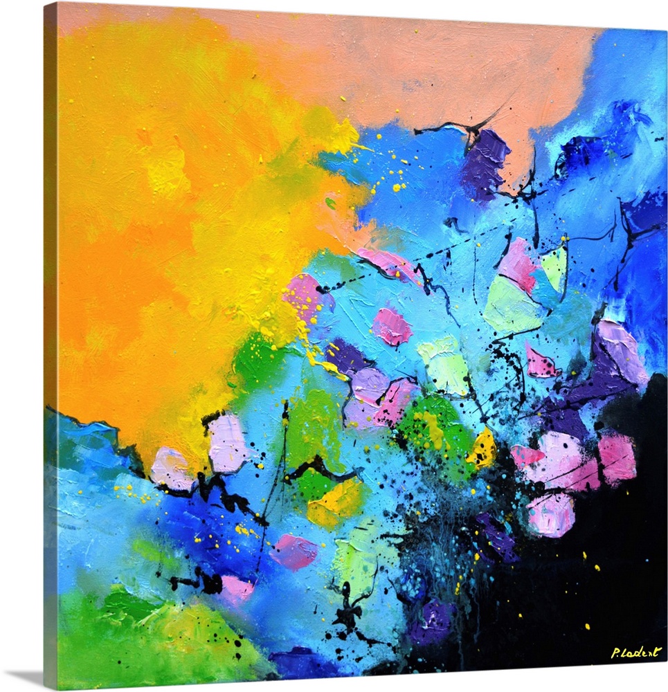 Contemporary abstract painting in bright hues.