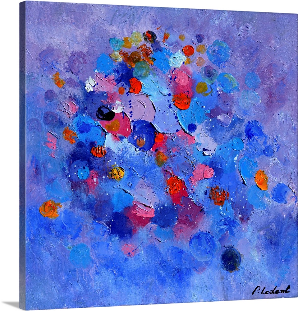 Contemporary abstract painting in vibrant blues and purples.