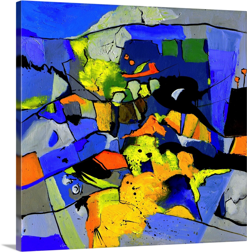A square abstract painting in vibrant shades of black, blue, orange and yellow with splatters of paint overlapping.