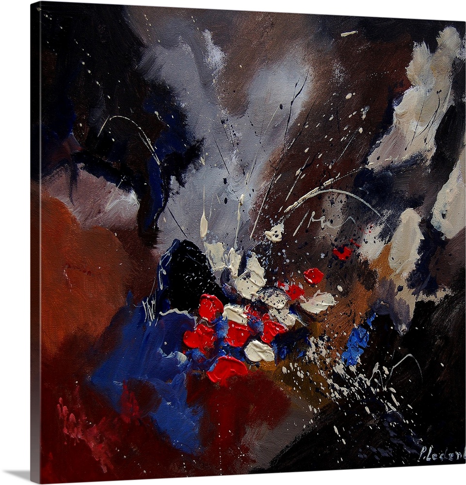 Abstract painting of colors of brown, black and blue with hints of red in textured brush strokes and splattered paint.