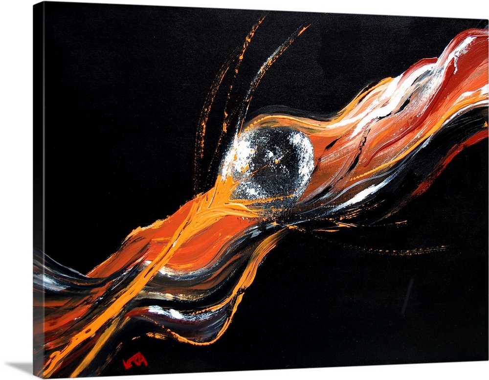 A horizontal abstract painting of brush strokes of orange, red and white.