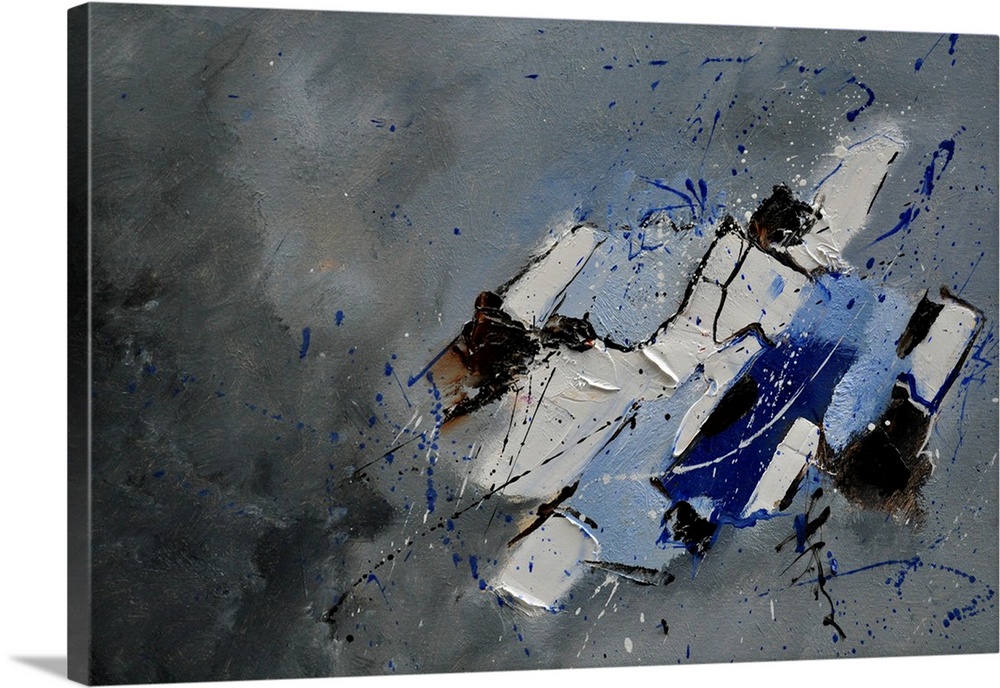 Abstract painting with muted hues in shades of blue and white mixed in with black contrasting designs.