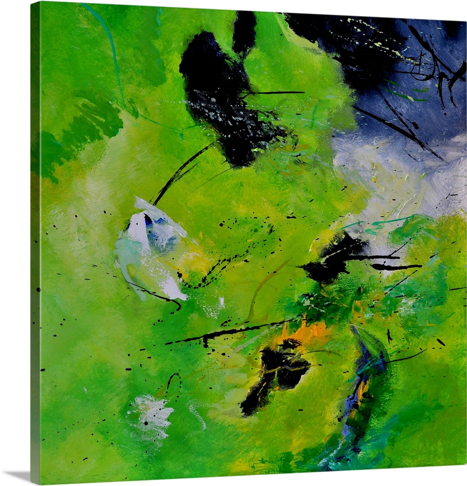 Square abstract painting in shades of orange, green, blue and white mixed in with black contrasting designs.