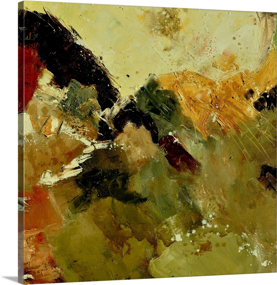 Abstract painting with muted hues in shades of red, yellow, green and brown mixed in with black contrasting designs.