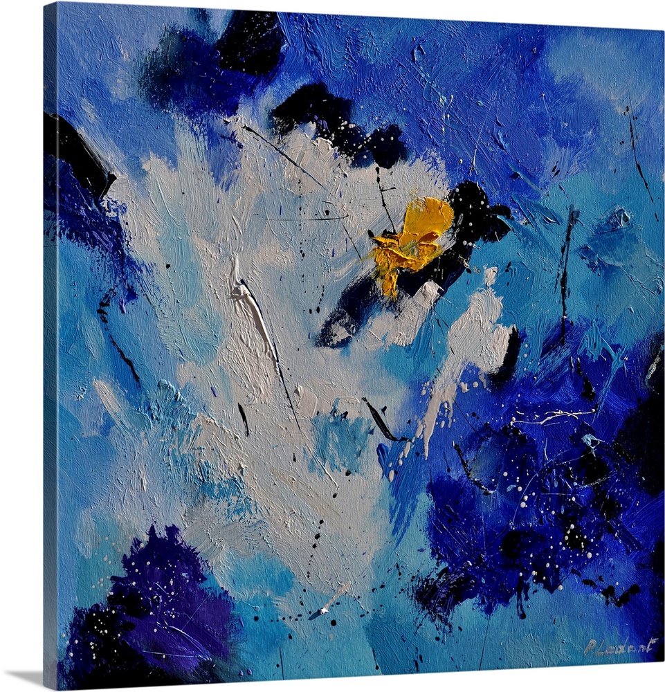Abstract painting with muted hues in shades of yellow, blue and white mixed in with black contrasting designs.