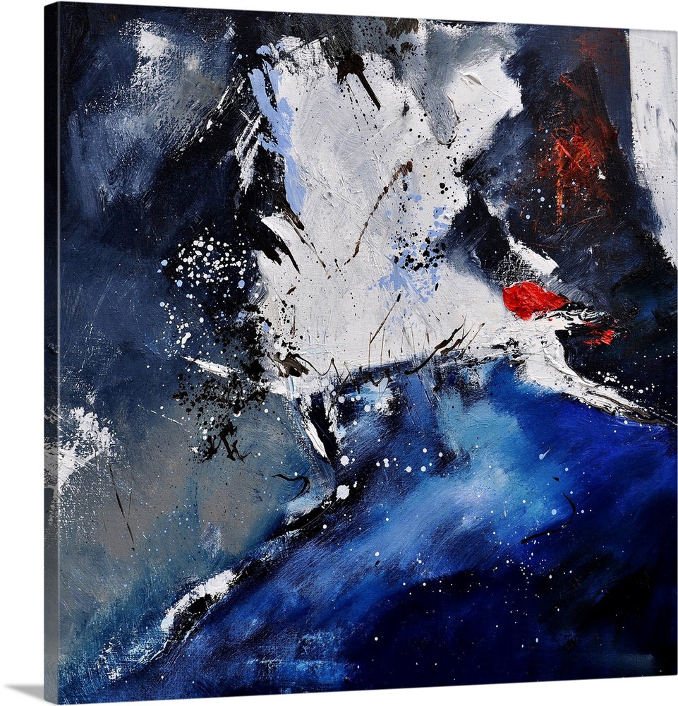 A square abstract painting of colors of black, white and blue in bold brush strokes and splattered paint.