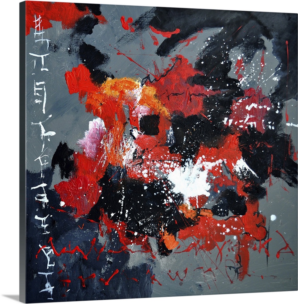 Abstract painting of colors of red, black and gray with hints of white in textured brush strokes and splattered paint.