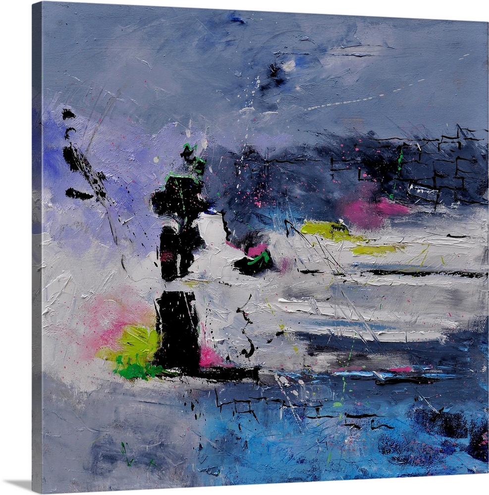 Square abstract painting in shades of green, pink, purple, blue and white mixed in with black contrasting designs.