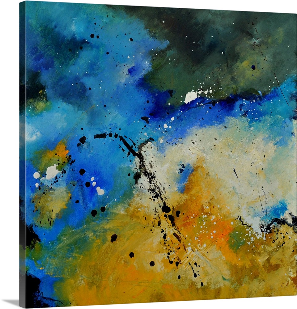Square abstract painting in shades of yellow, blue, green and white mixed in with black contrasting designs.