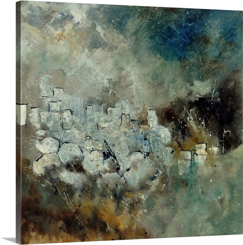 A square abstract painting in dark shades of gray, brown and white with splatters of paint overlapping.