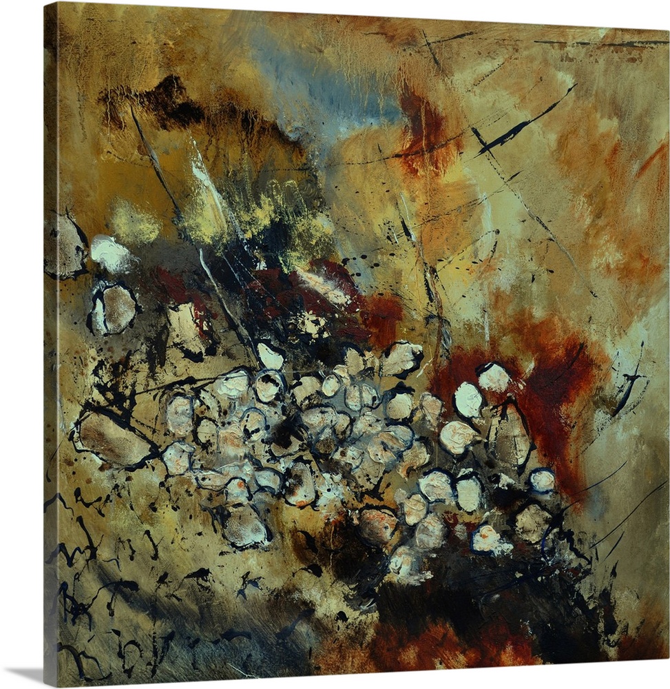 A square abstract painting in dark shades of black, white, brown and orange with splatters of paint overlapping.