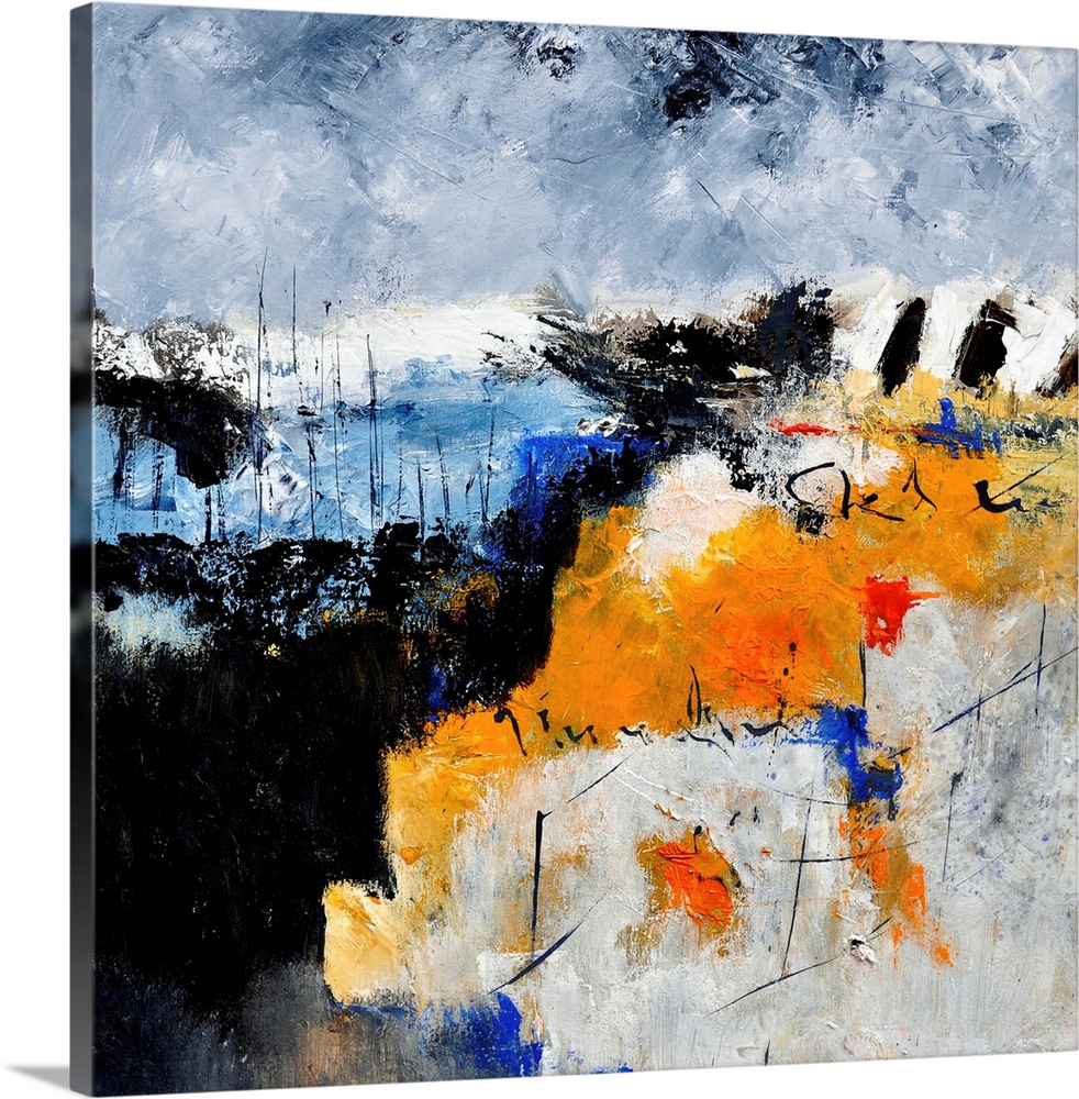 A square abstract painting in shades of black, blue, white and orange with splatters of paint overlapping.