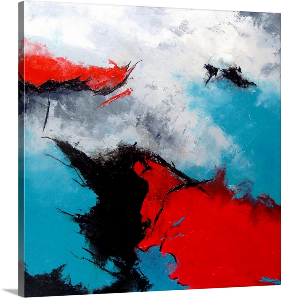 A square abstract painting in textured shades of black, blue, white and red with splatters of paint overlapping.